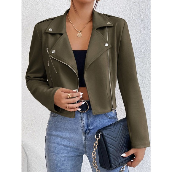 Lapel collar Zip Up vegan Moto Jacket beige cream - Picture 4 of 11